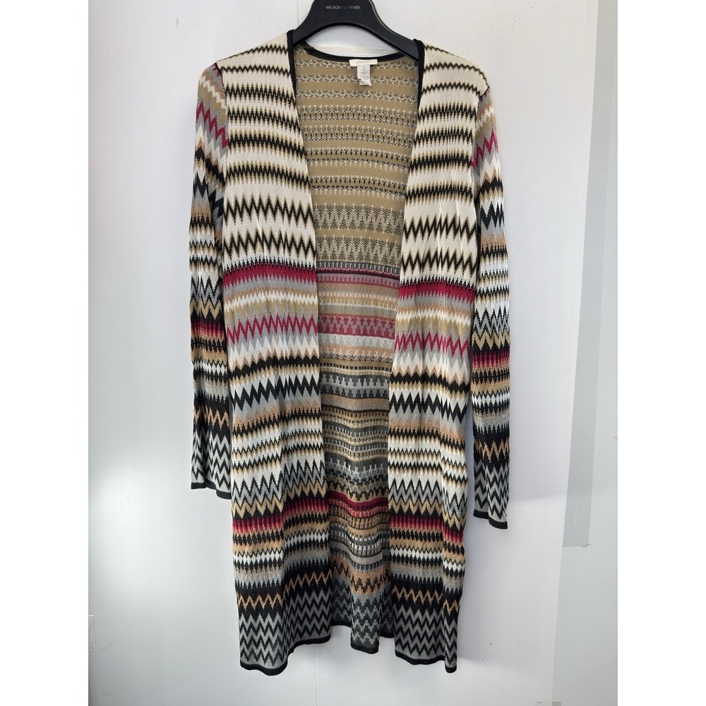 Chicos Women Long Open Front Duster Cardigan Sweater Size 2 Colorful Multi-color